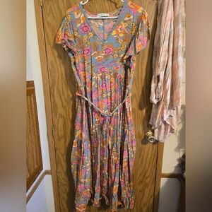 V-Neck Floral Midi Dress in Blue with Pink & Orange Print